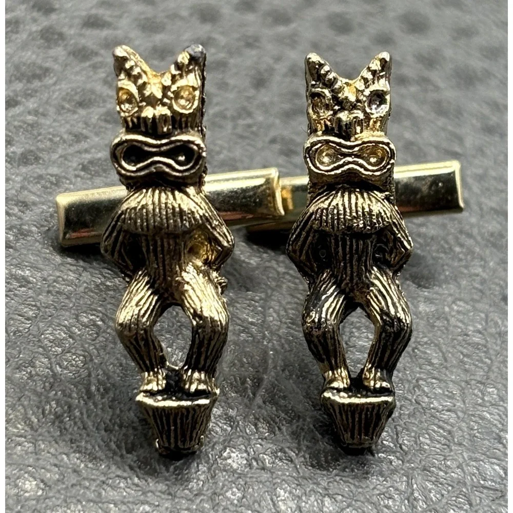 Vintage Rare Tiki Cufflinks MCM Era Gold Tone